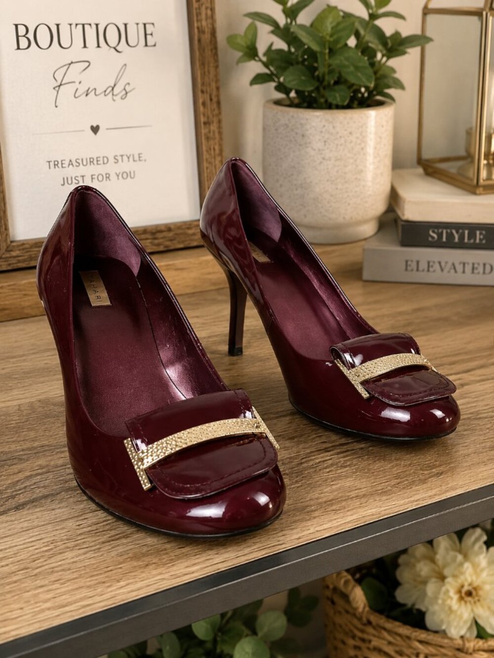 Tahari Burgundy Patent Leather Gold Accent Pumps Heels
